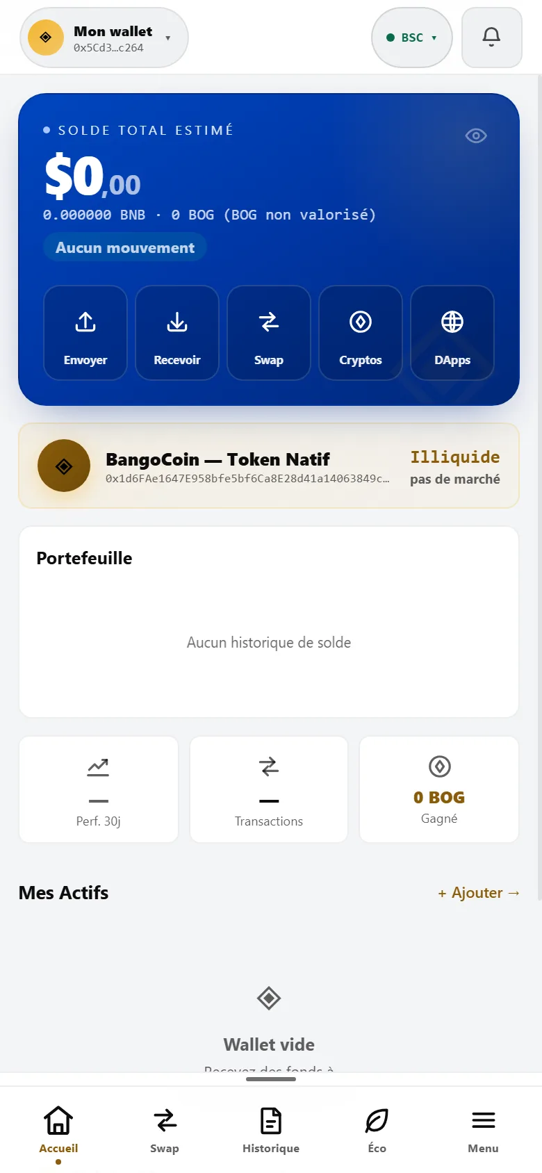 Écran d’accueil de Bango Wallet : solde, envoyer, recevoir, swap